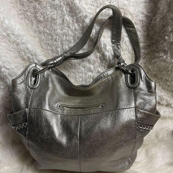 B. Makowsky Metallic Silver medium shoulder bag with silver tone chain accents - Picture 7 of 14
